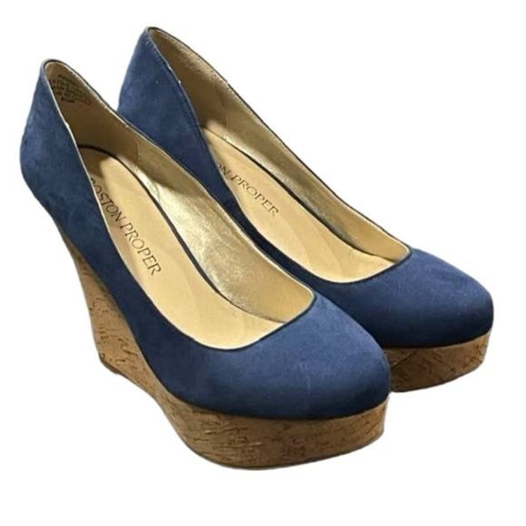 Boston Proper Women’s Pammy Wedge Heels Size 8 Blue Platform Suede Preppy Party - Picture 1 of 14